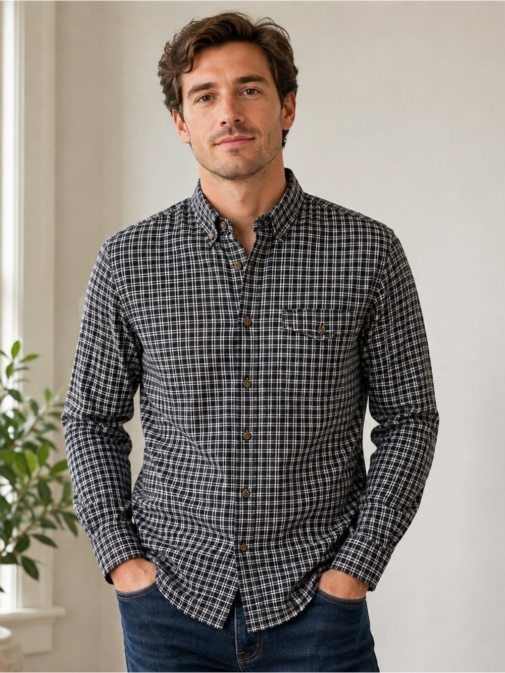 J.Crew Men’s Brushed Twill Button Down Shirt Black White Check Plaid Size M